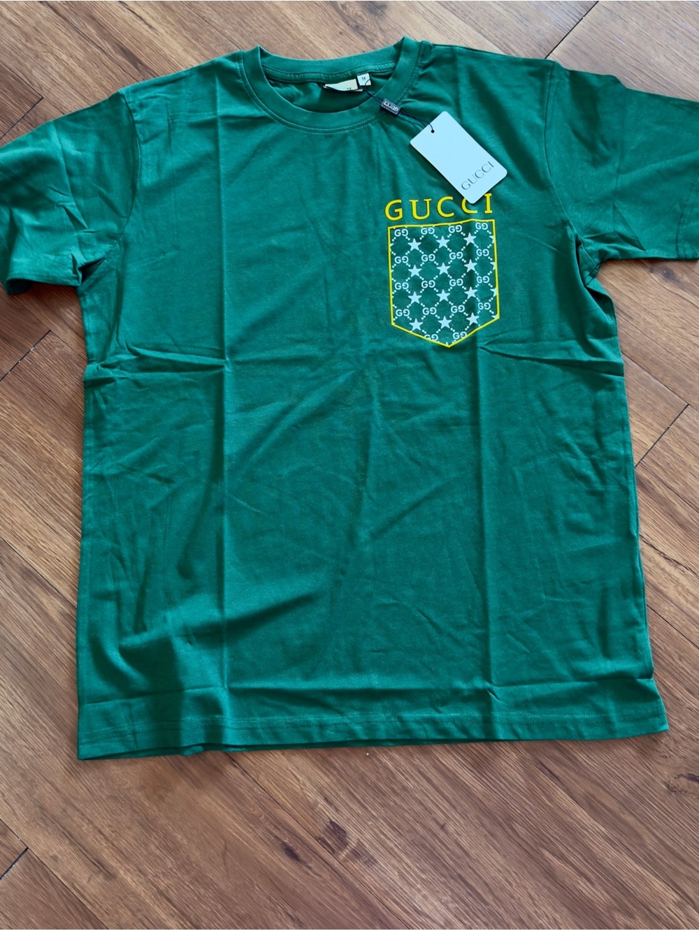 Gucci Green Crewneck T-Shirt with Yellow Logo Pocket